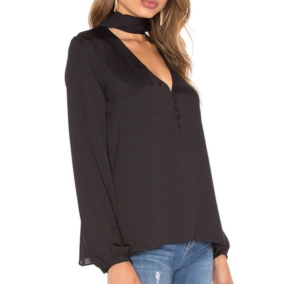 L'Academie Revolve 70's Blouse Neck Tie Black Long Sleeve Satin Size XS - Picture 10 of 14